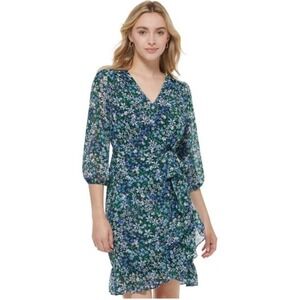 Karl Lagerfeld Paris Floral Wrap‎ Dress Womens Size 12 Blue Green Ruffle Hem